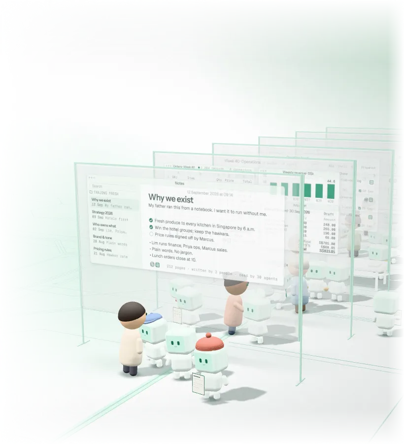 People and small robot agents working together at six glass walls
