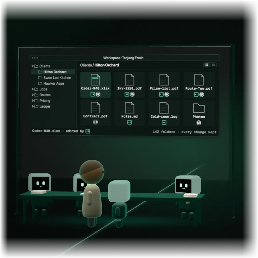 A person and four small robot agents passing a job sheet round a shared table